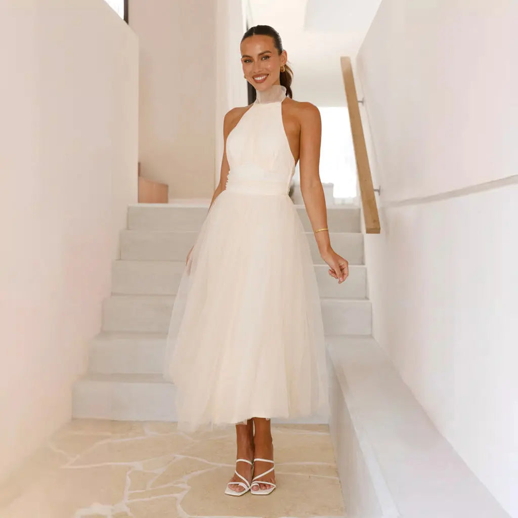 Spring Summer Halter Mesh Turtleneck Backless Dress Sweet Fresh Dress Women Bella Mia