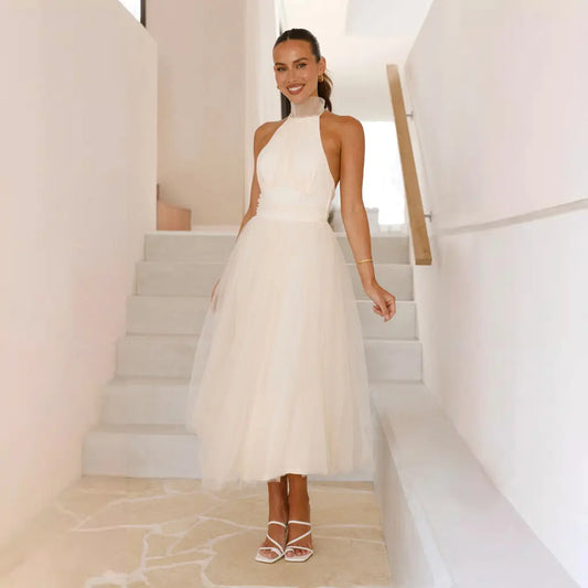 Spring Summer Halter Mesh Turtleneck Backless Dress Sweet Fresh Dress Women Bella Mia