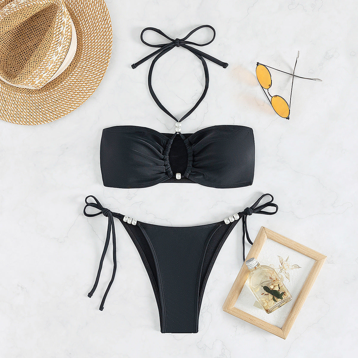 Bikini Halter Lace up Pearl Sexy Split Bikini Swimsuit Women Bella Mia