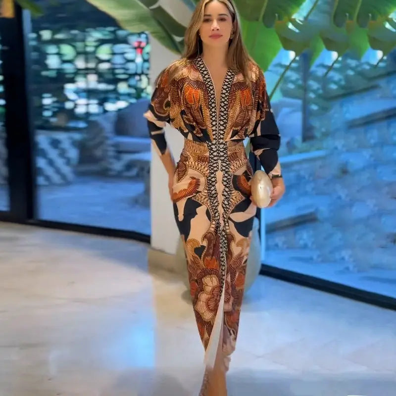 Spring Women Wear Short Sleeve V neck Slim Print Dress Bella Mia