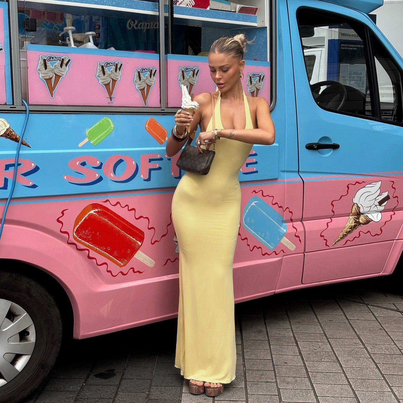 Women Clothing Summer Sexy V neck Halter Backless High Waist Slim Solid Color Dress Bella Mia