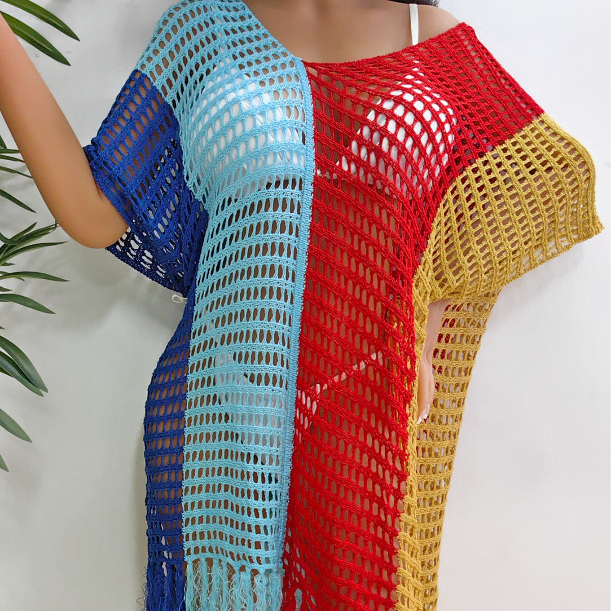 Women Beach Vacation Beach Cover Up Women Clothing Contrast Color Hollow Out Cutout Woven Shirt Sexy Dress Bella Mia