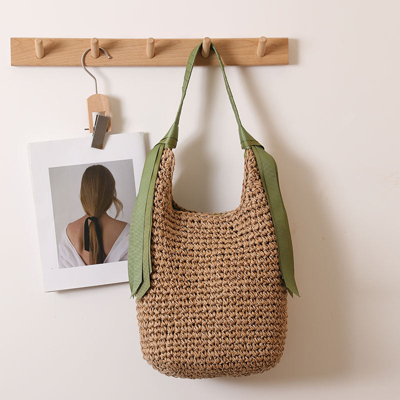 Ribbon Shoulder Straw Bag Large Capacity Solid Color Woven Bag Seaside Vacation Beach Bag Straw Bag Bella Mia