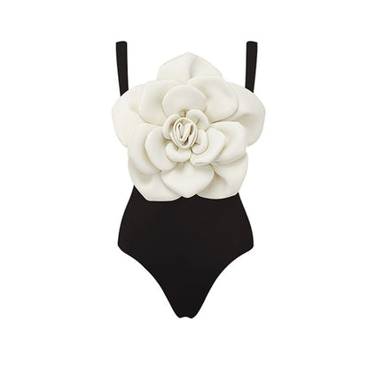 Black White Three Dimensional Big Floral One Piece Swimsuit Women Beach Vacation Suit Skirt