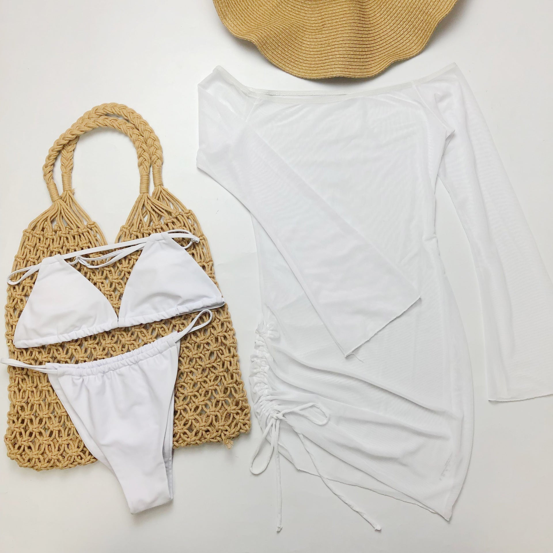 Sexy Swimsuit Outwear off Shoulder Gauzy Sun Protection Clothing Beach Cover up Bikini Three Piece Bella Mia