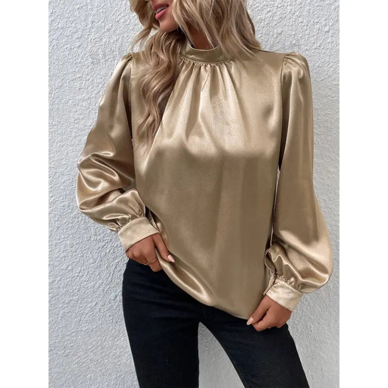 Stand-up Collar Puff Sleeve T shirt Women Satin All Match Long Sleeve Special Women Clothing Bella Mia