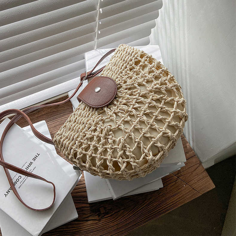 Fresh Hollow Out Cutout Semicircle Straw Bag Crossbody Shoulder Beach Woven Bella Mia