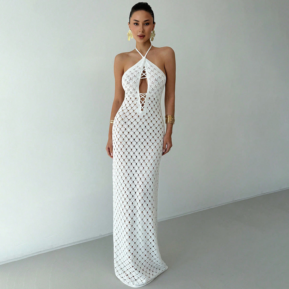 Summer Sexy Cutout Knitted Beach Skirt Bikini Swimsuit Solid Color Dress Women