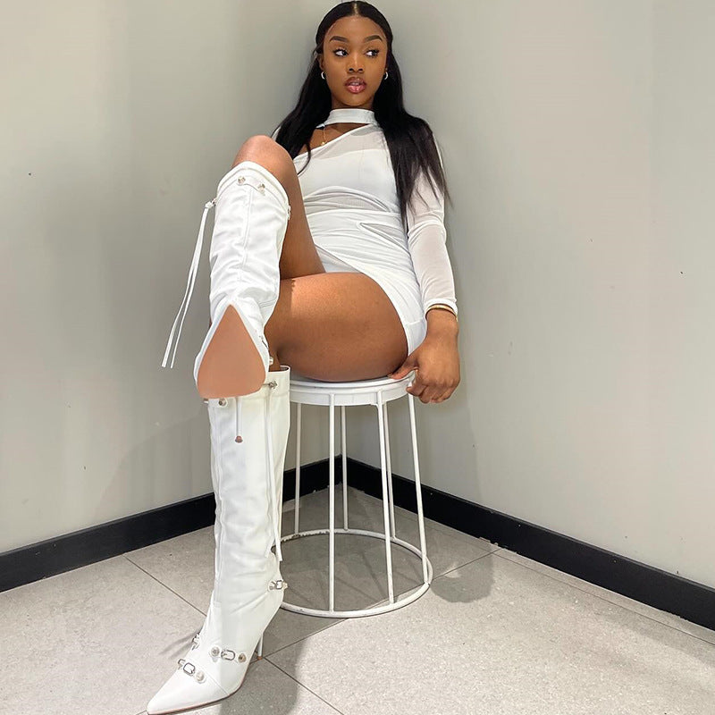 Women Solid Color Dress Sexy Hollow Out Cutout Dress Mesh Stitching Hip Dress Bella Mia