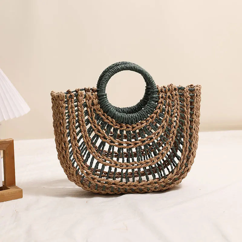 Hollowed out Semicircle Portable Straw Weaved Bag Round Handle Contrast Color Straw Bag Woven Bag Women Seaside Vacation Beach Bag Bella Mia