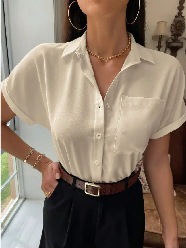 Satin V neck Shirt Women Women Solid Color Satin Short Sleeve Casual Button Satin Shirt Bella Mia