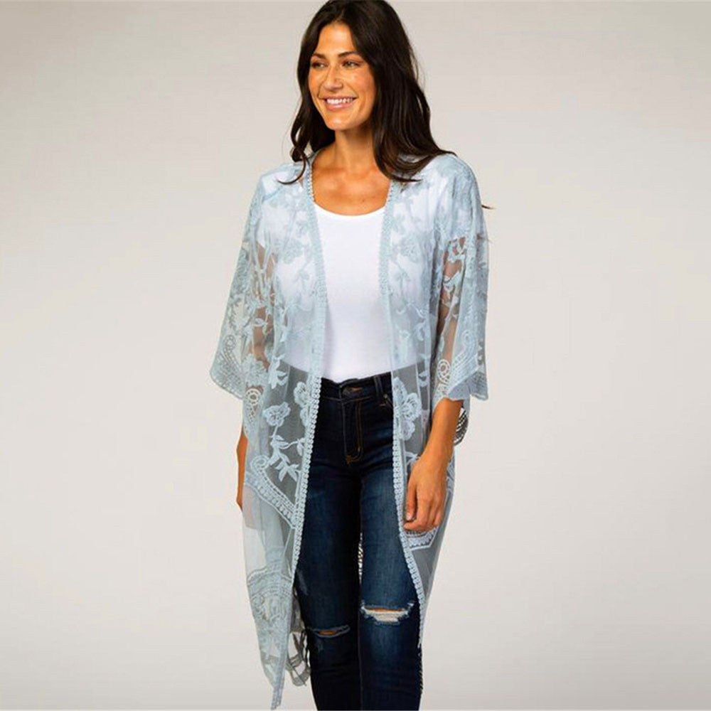 Lace Mesh Embroidered Beach Cover up Sexy Cardigan Sunscreen Beach Bella Mia