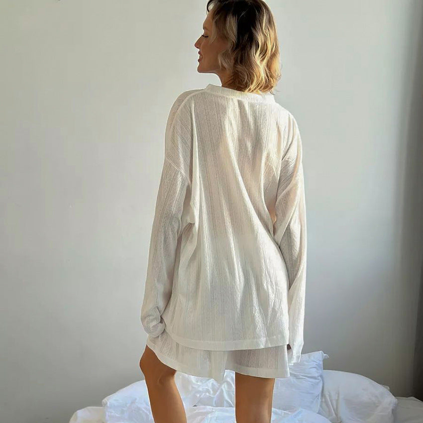 Autumn White Knitted Fabric Jacquard round Neck Long Sleeve Shorts Pajamas Loose Comfortable Women Homewear Bella Mia