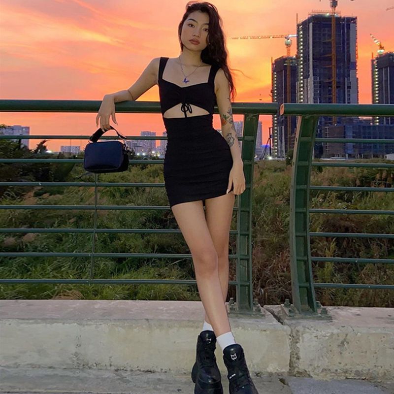 Summer Pleating Solid Color Tied Sexy Tight Sexy Strap Dress Bella Mia