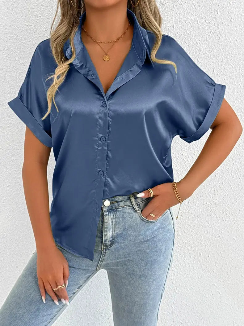 Women Clothes Summer Blue Color Satin Shirt Women Satin Shirt Bella Mia