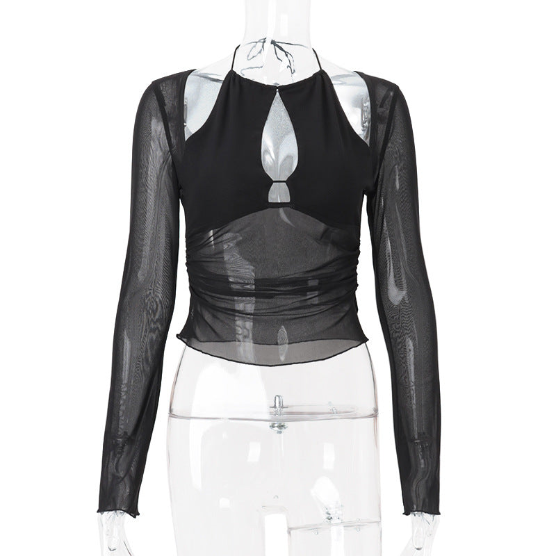 Summer Women Mesh Stitching Hollow Out Cutout Irregular Asymmetric Slim Fit Slimming Long Sleeve Top
