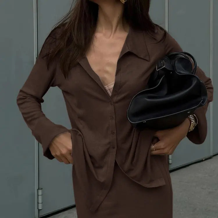 Women's Collared Flared Sleeve Cardigan Top Maxi Skirt Two Piece Set Bella Mia