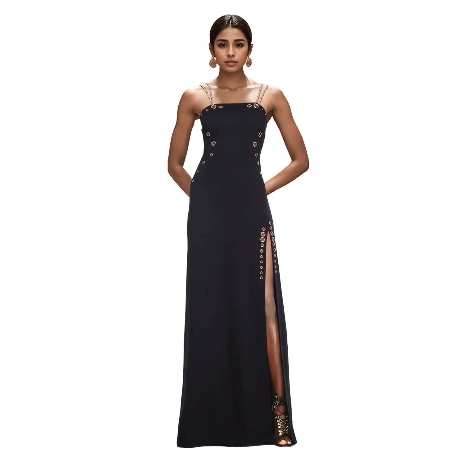 Elegant Gold Sleeveless Split Maxi Dress With Spaghetti Straps Bella Mia