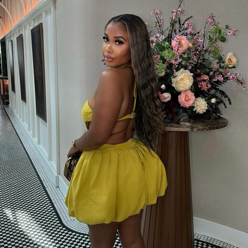 Women Clothing Autumn Sweet Fresh Halter Tube Top Backless High Waist Short Dress Puffy dress Bella Mia