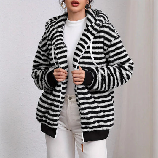 Autumn Winter Lazy Plush Design Black White Striped Hooded Jacket Bella Mia