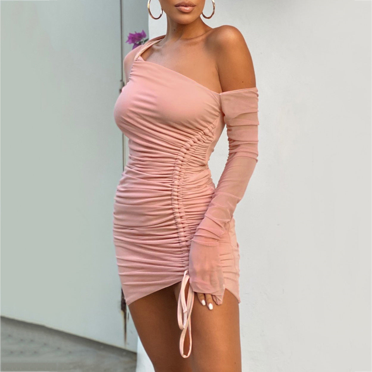 Summer Sexy Mesh Sloping-Shoulder off the-Shoulder Long Sleeve See-through Pleating Dress Bella Mia