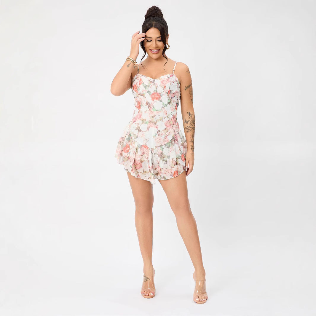 Floral Summer Adjustable Shoulder Strap Ruffled Hem Sexy Mini Dress Bella Mia