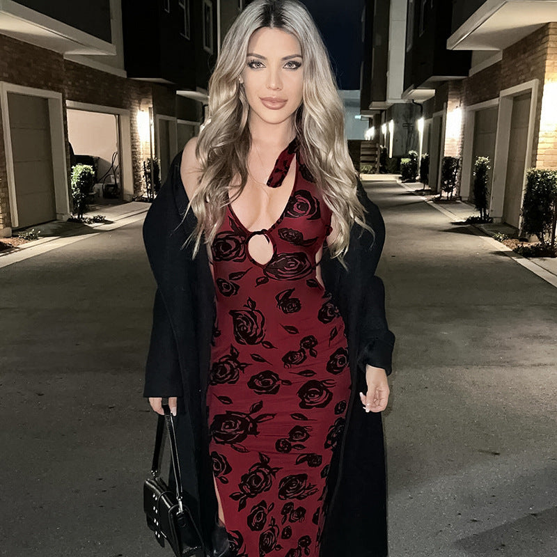 Summer Elegant Slim Floral Flocking Sexy Halter Dress Women Bella Mia