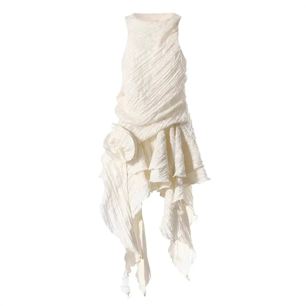 Sleeveless Pleated 3D Asymmetric Dress With Ruffles Retro Floral High Low Hem Bella Mia