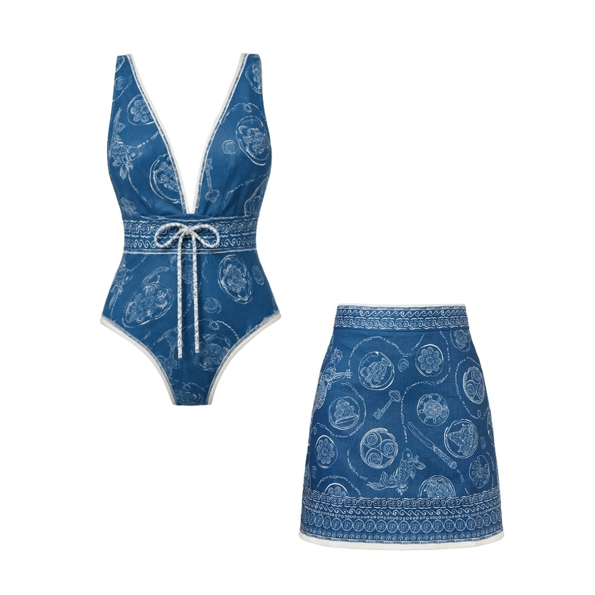 Swimsuit Blue Color National Pattern V neck One Piece Swimsuit Women