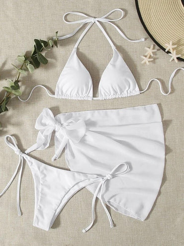 Solid Color Triangle Cup Bandage Sexy Bikini Three Piece Swimsuit
