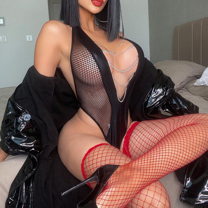 Sexy Backless Transparent Mesh Chain Jumpsuit Sexy Suit Bella Mia