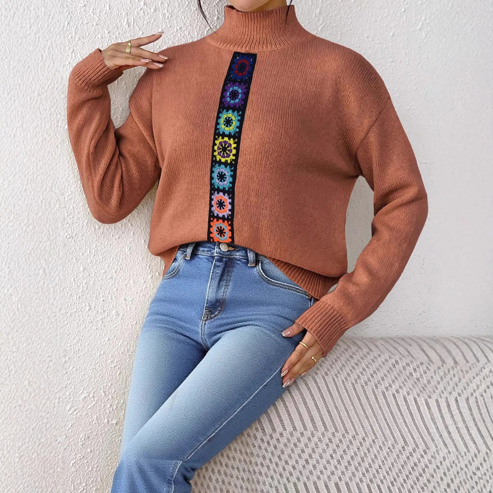 Women Clothing Personality Color Random Imitation Hand Crocheted Stitching Woven Top Pullover Sweater Bella Mia