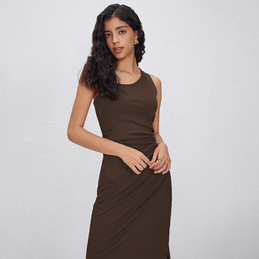 Small Rib Fabric Slim Fit Side Slit Design Back Oblique Backless Sheath Dress Bella Mia