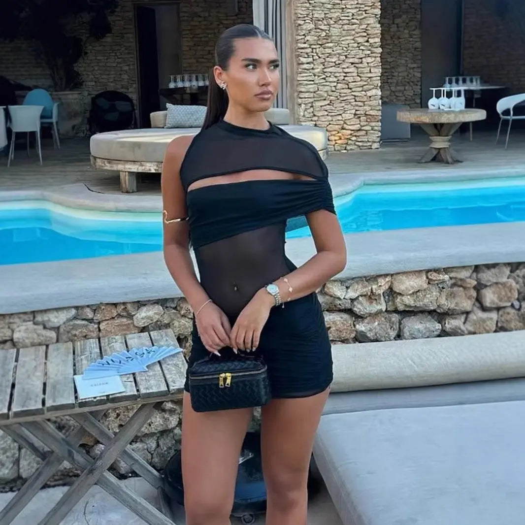 Women Stitching Sexy See through Shoulder Sleeveless Pleated Hip Dress Bella Mia