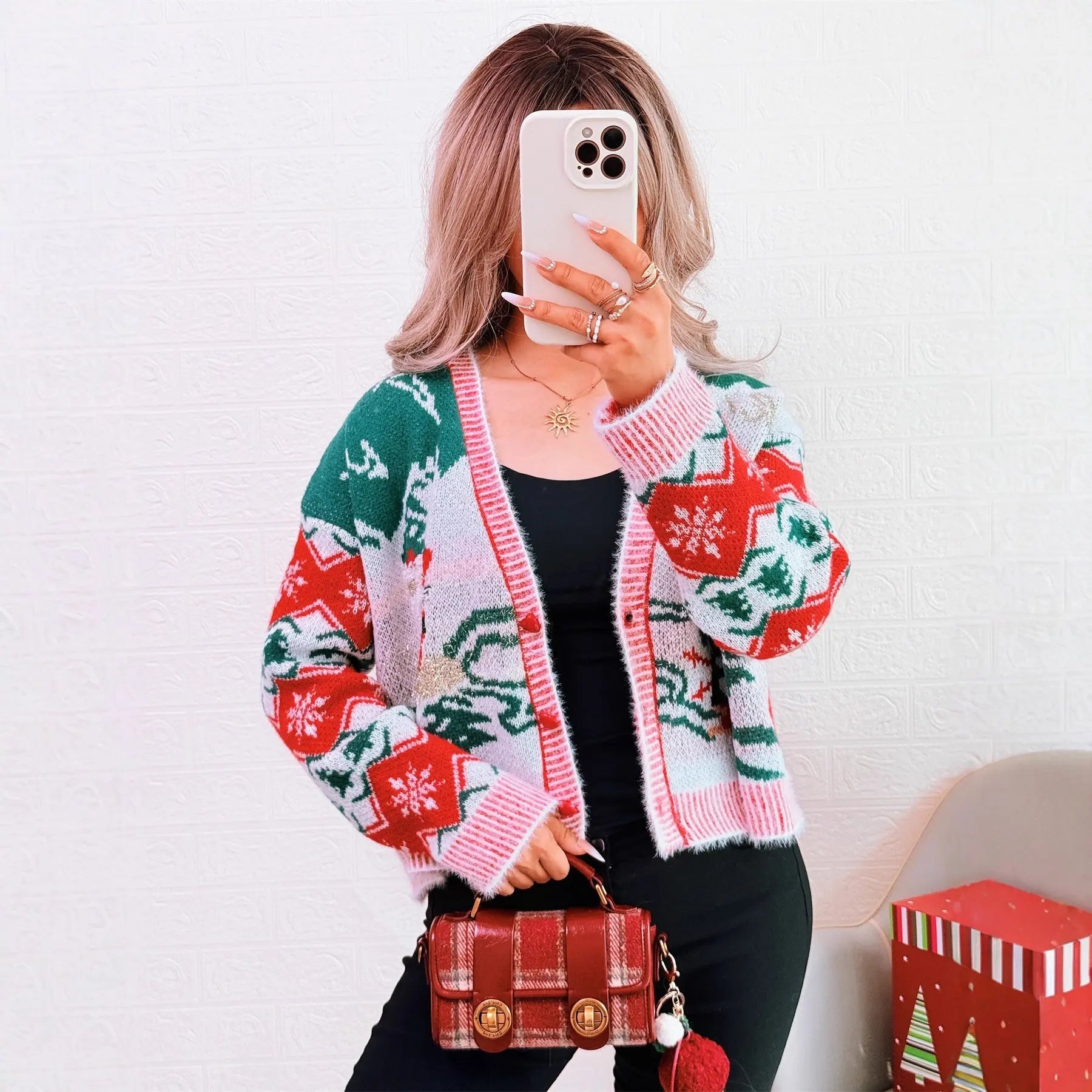Christmas Contrast Color Casual Knitted Cardigan V neck Casual Short Office Sweater Bella Mia