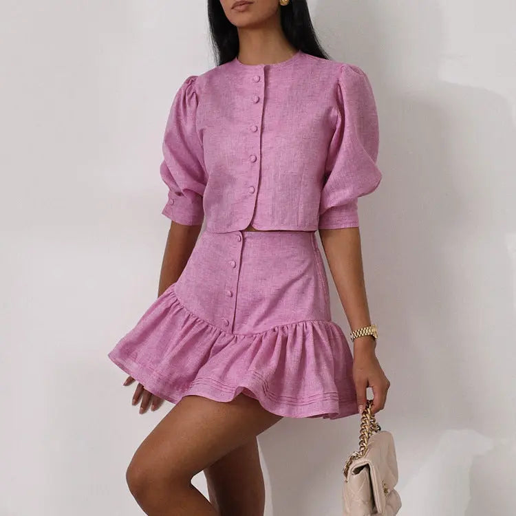 Casual Skirt Outfit Puff Sleeve Short Top Stitching A line Skirt Two Piece Set Bella Mia