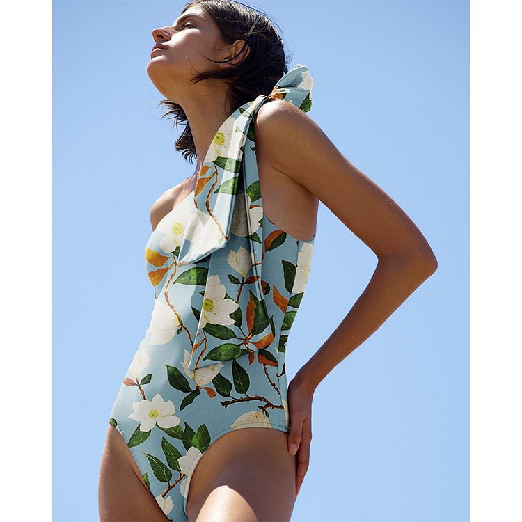 Oblique Shoulder Bow Bandage One Piece Swimsuit Women Suit Bella Mia