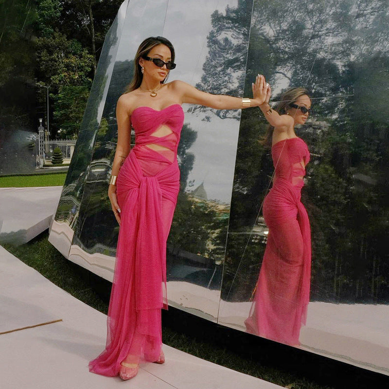 Spring Women Clothing Sexy Tube Top off Neck See through Tied Slim Fit Dress for Women Bella Mia