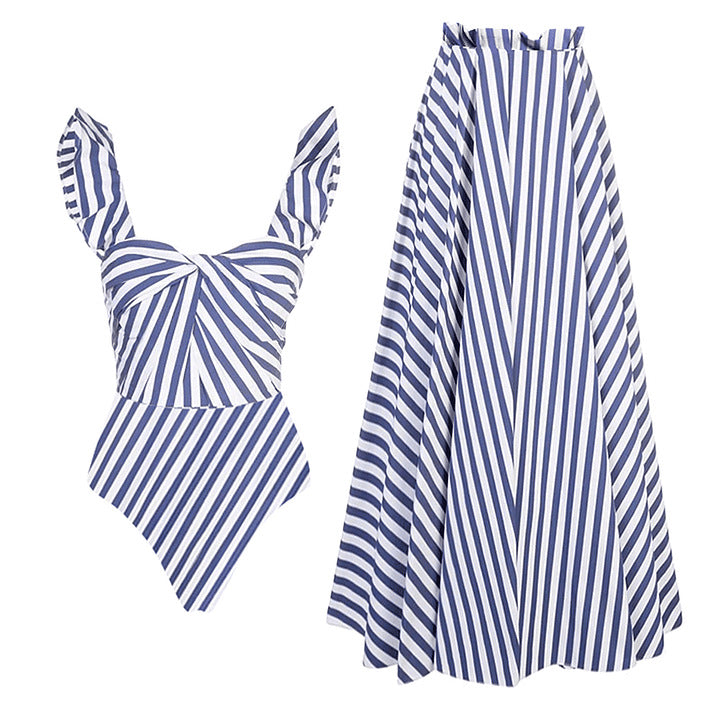 Striped Printed One Piece Swimsuit Women Vacation Beach Skirt Sets
