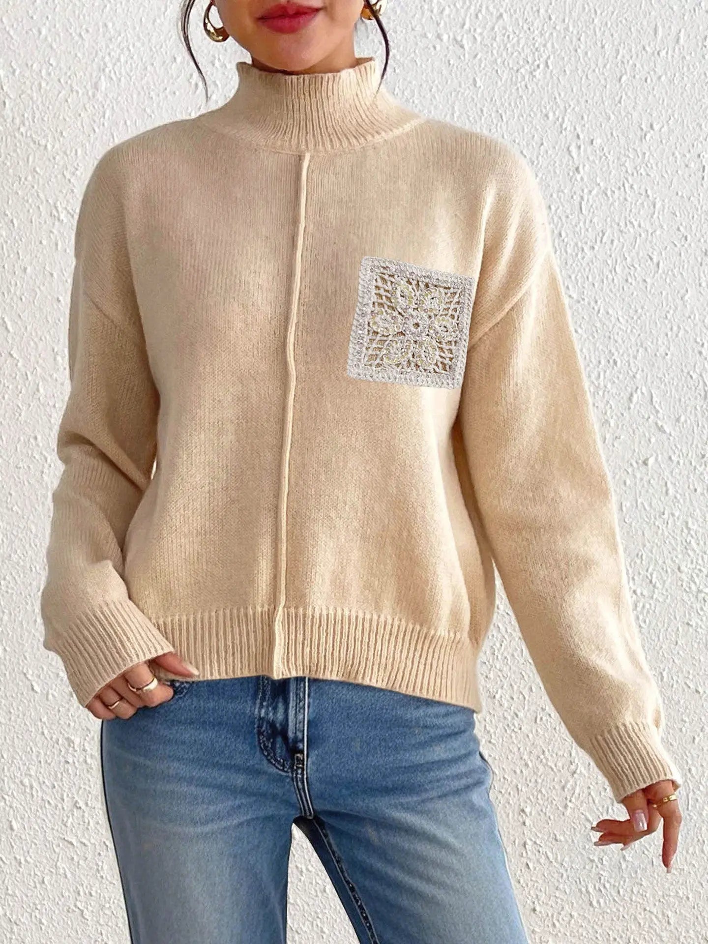 Autumn Winter Women Clothing Solid Color Half Collar Pullover Sweater Sequined Hollow Out Cutout Pocket Stitching Sweater for Women Bella Mia