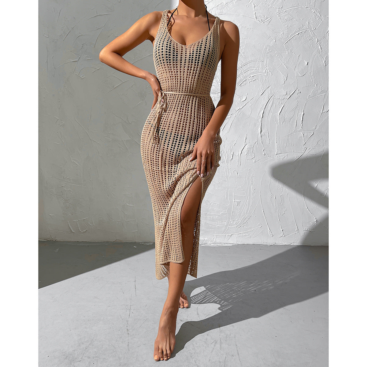 Vacation Beach Sexy Smock Dress Hollow Out Cutout Out See Through Backless Knitted Dress Women Bella Mia