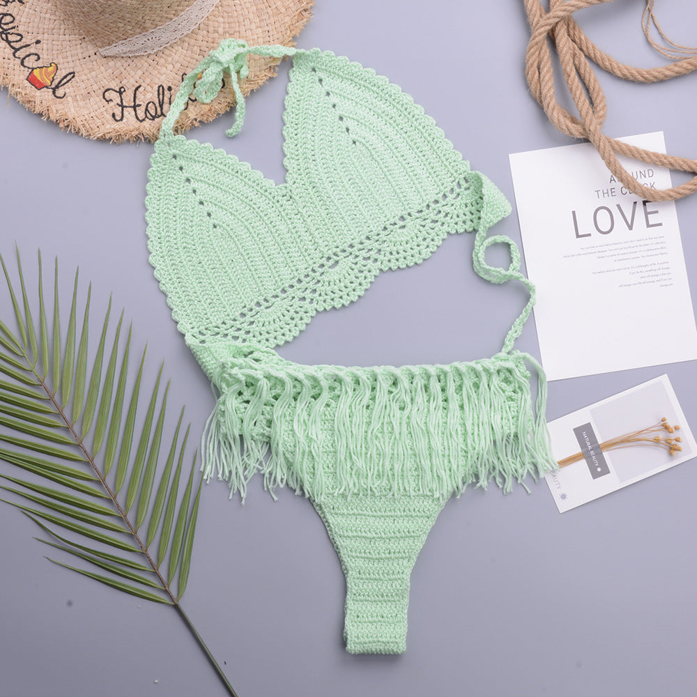 Vacation Sexy Characteristic Handmade Crochet Tassel Hollow Out Cutout out Strap Bikini Women Set Bella Mia