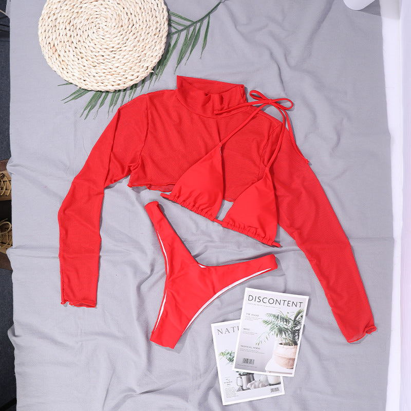 Bikini Solid Color Three-Piece Sexy Backless High Elastic Swimsuit Women Halter Lace-up Bikini Bella Mia