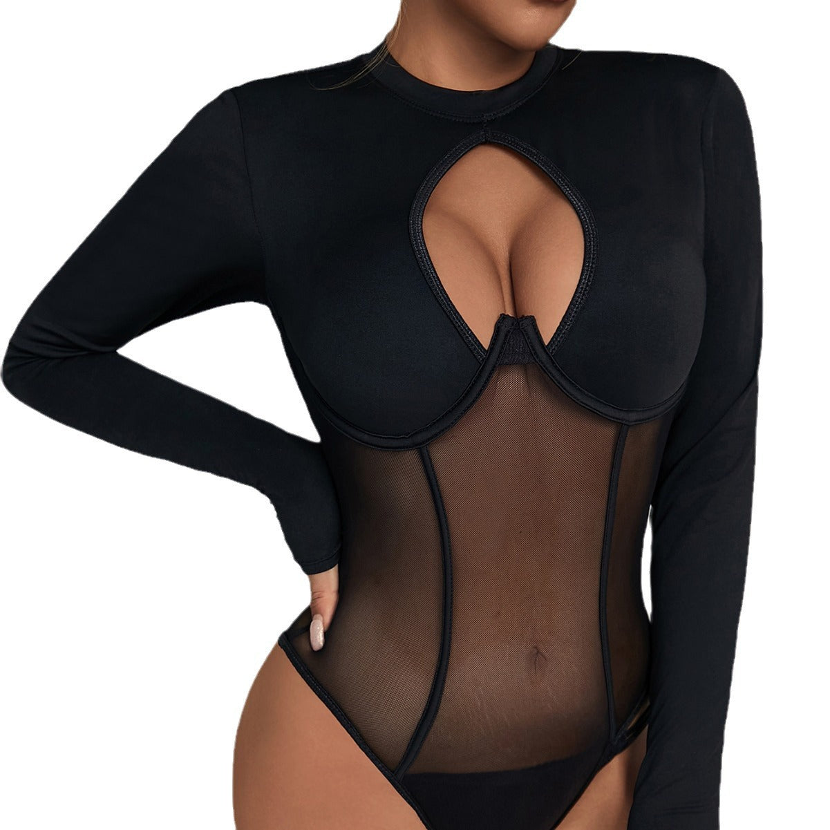 Backless Round Neck Hollow Out Cutout Sexy Mesh Slim Fit Patchwork Inner Push Up Jumpsuit Bella Mia