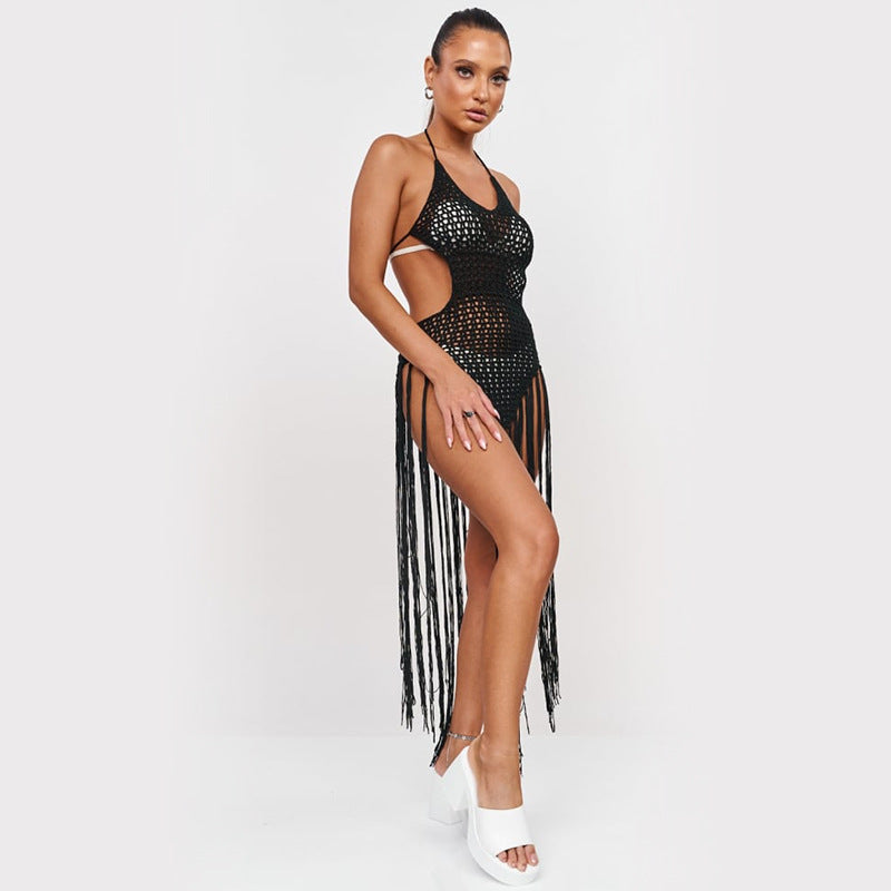 Sexy Hand Crocheting One Piece Tassel Beach Dress Backless Beach Bikini Cover up Sun Protective Clothing Bella Mia