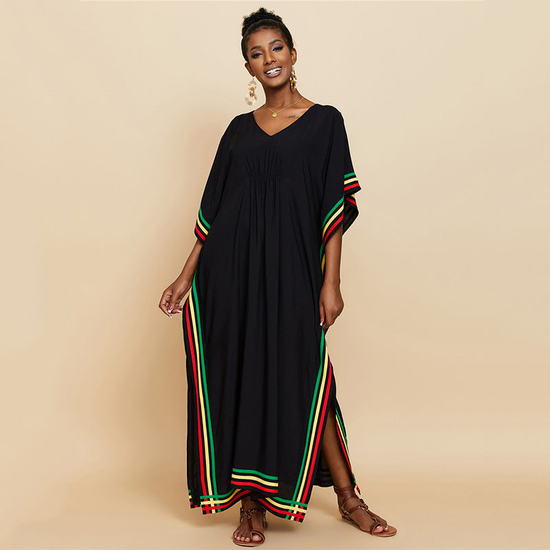 Rayon Pressure Color Stripes Beach Cover-up Sexy Loose Robe Vacation Dress Beach Cover Up Bella Mia