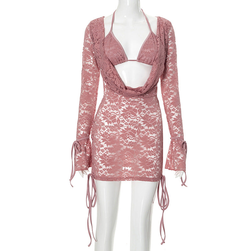 Women Clothing Autumn Solid Color Casual Lace up Lace Long Sleeve Top Lace up Sets Bella Mia