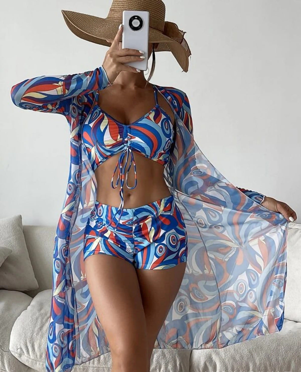 Swimsuit Women Split Three Piece Suit High Waist Long Sleeves Blouse Internet Celebrity Drawstring Suit Bella Mia