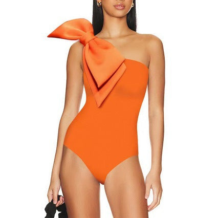 French Swimsuit Solid Color Pleating Oblique Shoulder Bow Two Piece Swimsuit Women Bella Mia