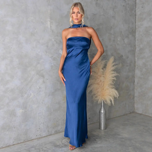 Summer Women Clothing Sexy Halter Satin Mercerized Maxi Dress Bella Mia